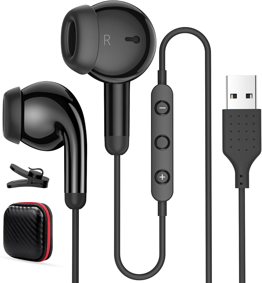 Premium USB Wired Earphones with Mic, In-Line Volume Control, Shirt Clip & Protective Carrying Case (Black)